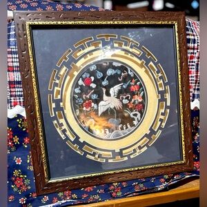 Vintage Asian motif of crane and flowers embroidered Crewl with wooden frame